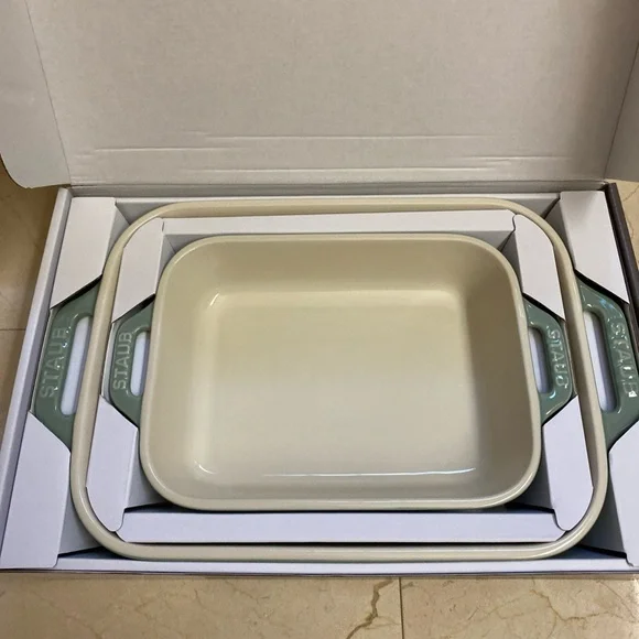 Staub 2-Piece Eucalyptus Green Ceramic Baking Dish Set- New in Box - Picture 2 of 6